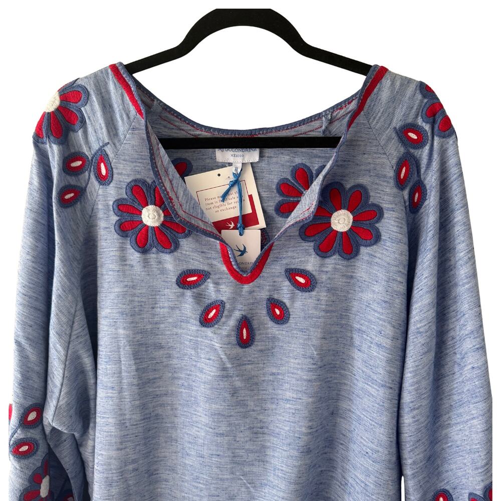 Mi Golondrina Blue and Red Floral Embroidered Long Sleeve Mini Dress Size XL - Picture 5 of 9